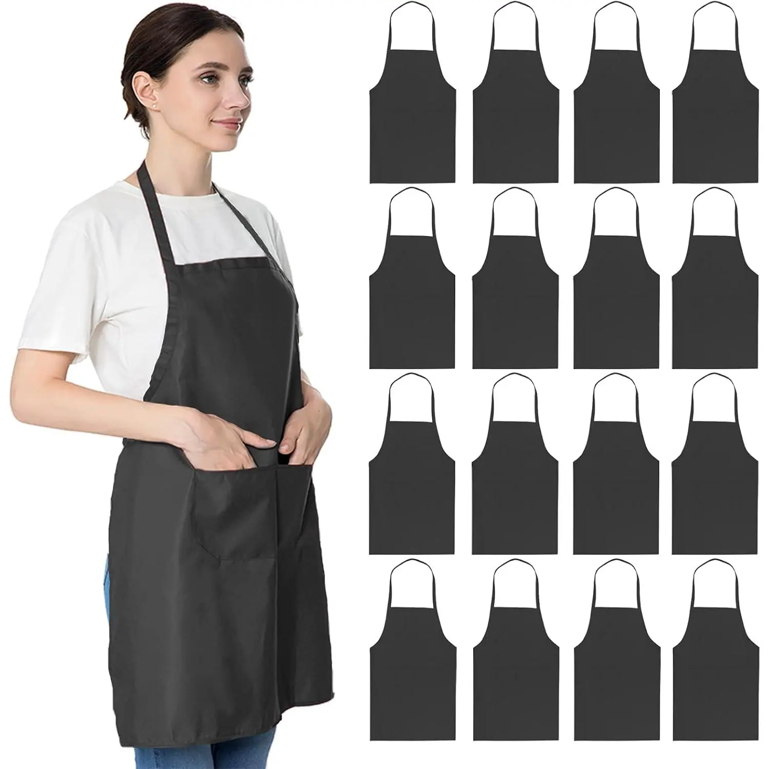 Total 16 count of Black Bib Aprons Bulk for Women Men-Adult Waitress Chef Cooking Kitchen Aprons with 2 Pockets(16, Black)
