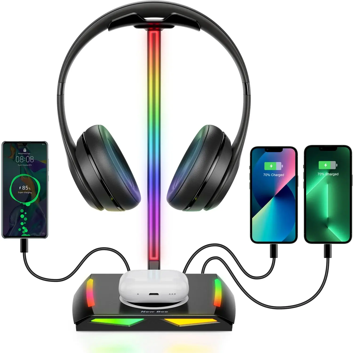 New Bee Headphone Stand with Wireless Charger Desk Headset Holder Hanger Rack for Earphone Black New Bee