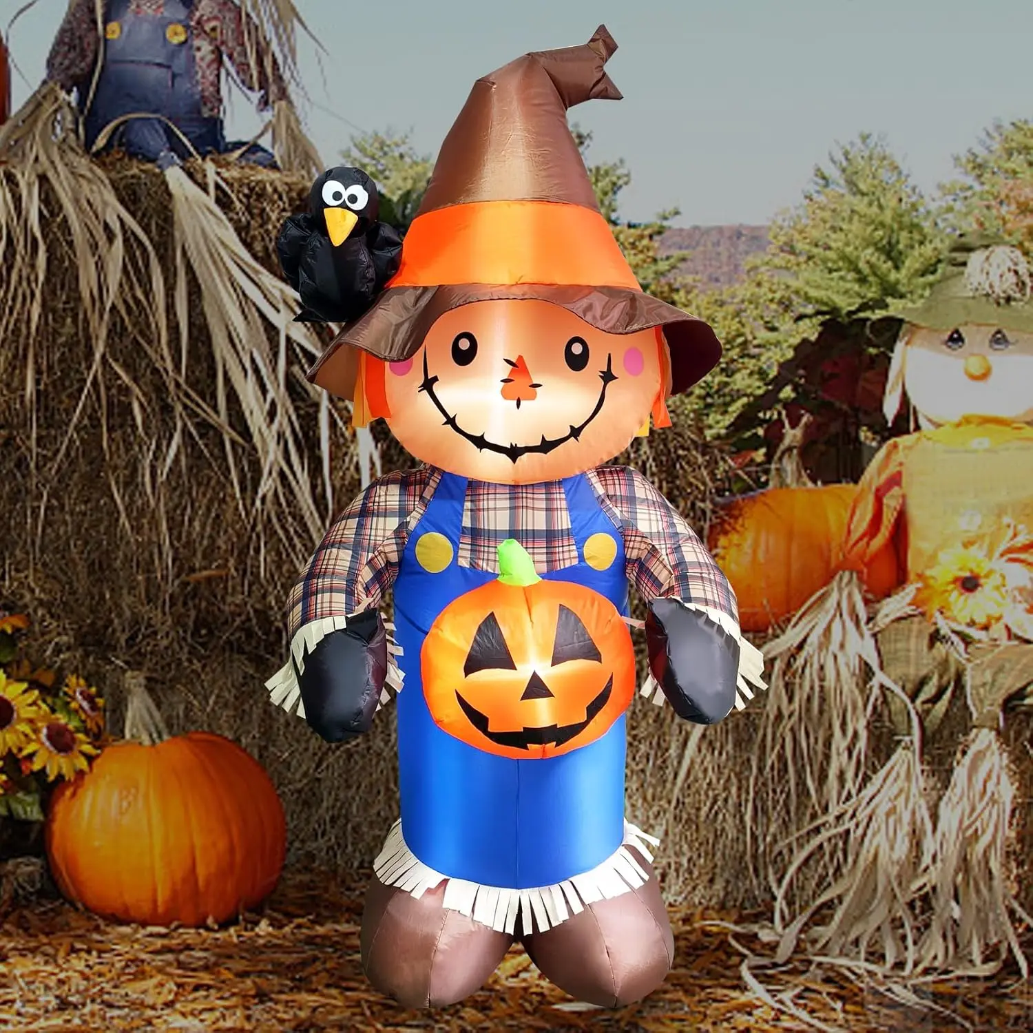 Halloween Inflatable Decorations 5FT Outdoor Decoration with LED Lights Halloween Scarecrow with Birds Inflatable Blow Up Inflatable for Garden Home Holiday Partyspooky season decor, spooky yard decor, halloween yard decor, halloween gift for him and her,