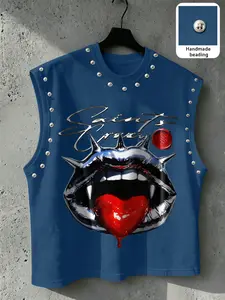 Men's Punk Style Sleeveless Vest, Tribal Print, Metal Rivets, Breathable Knit Fabric, Streetwear Fashion, Comfortable and Durable