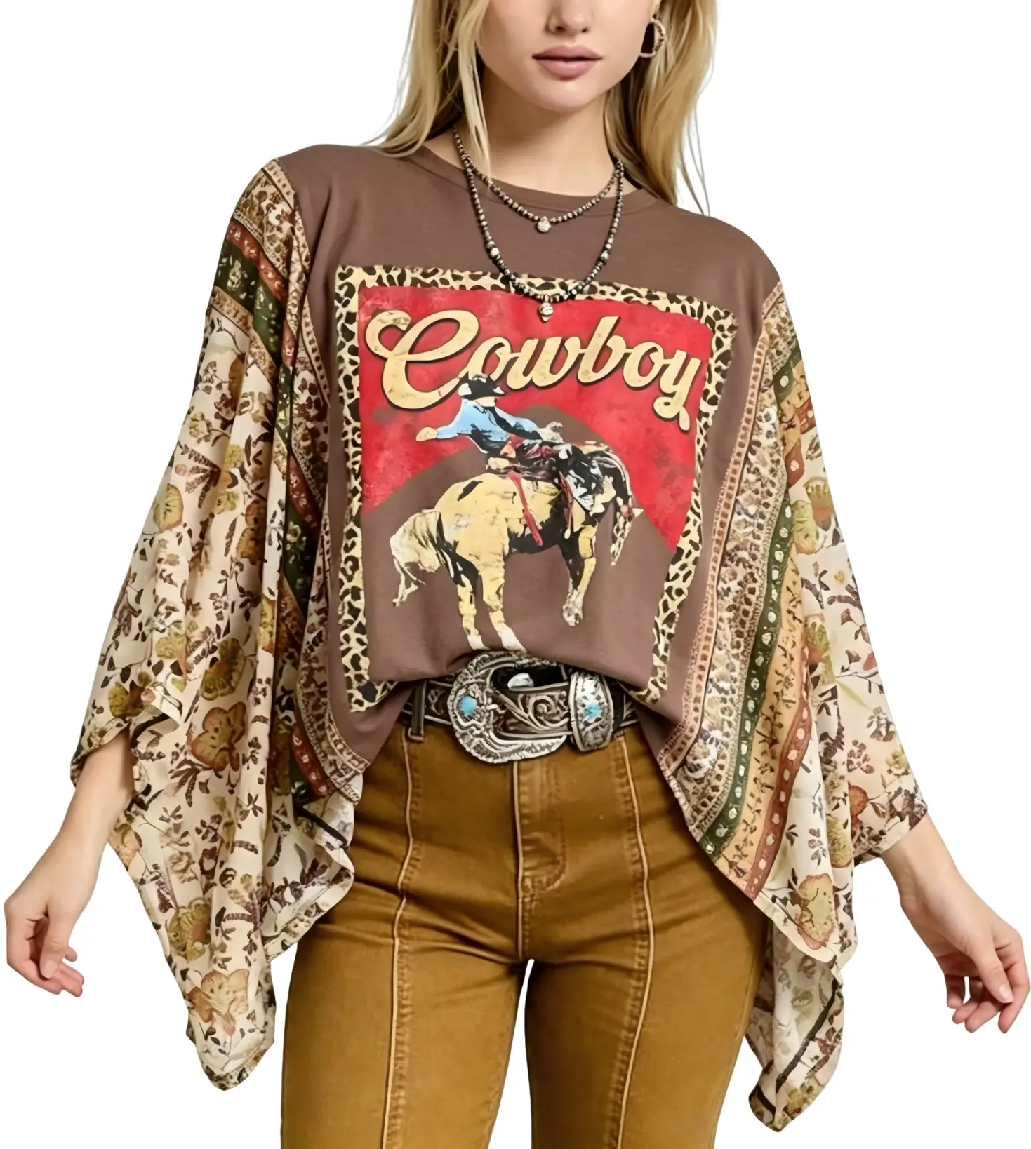 Women's Oversized Boho Floral Graphic Print 3/4 Batwing Sleeve Western Top, Comfy Casual Lightweight Baggy Cowgirl Streetwear for Country Concerts, Womenswear Western Tops,clothes for back to school,first day of school outfits
