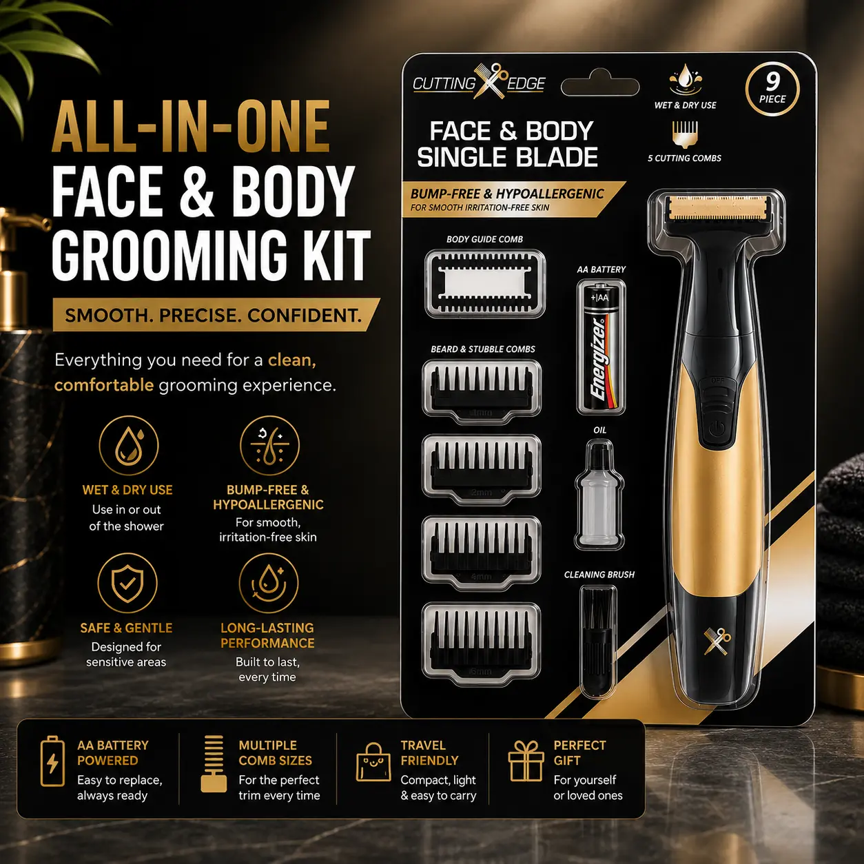 Men's Electric Face & Body Hair Trimmer Grooming Kit - Bump-Free Hypoallergenic Blade, 5 Guide Combs, Cordless