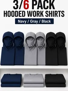 Men's 6-Pack Fitted Hooded Work Shirts - Lightweight Long Sleeve Outdoors Shirts with Built-in Face Cover, Quick-Dry Stretch Fabric Workwear, Hood Protector Men's Hoodies for Male Lawn Mowing