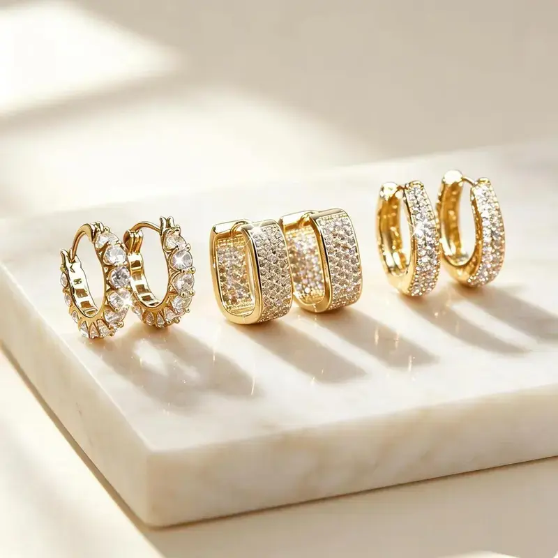 Soco Exquisite 3-Pair 14K Gold Plated Layered Hoop Earring Set for Women, Geometric and Round Huggie Earrings with Hinged Clasps, Model DDES0407