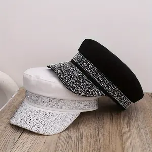 2025 Spring Summer Lightweight Breathable Rhinestone-Embellished Flat-Brimmed Cap - Versatile Outdoor Travel Hat for Women, Black & White with Sparkling Rhinestones, Hand Wash or Dry Clean, Casual Headwear, Fashionable Accessory, Elegant Headgear