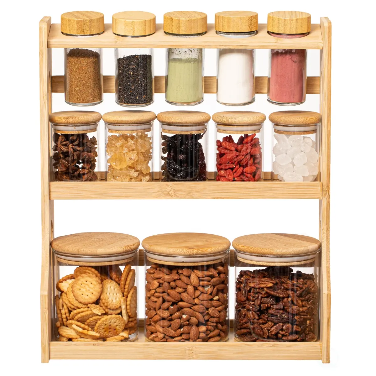 212 MAIN Versatile 3-Tier Bamboo Spice Rack and Pantry Organizer with 13 Glass Jars, Airtight Lids - Smooth, Natural Look Decor for Kitchen Countertop Spice Storage