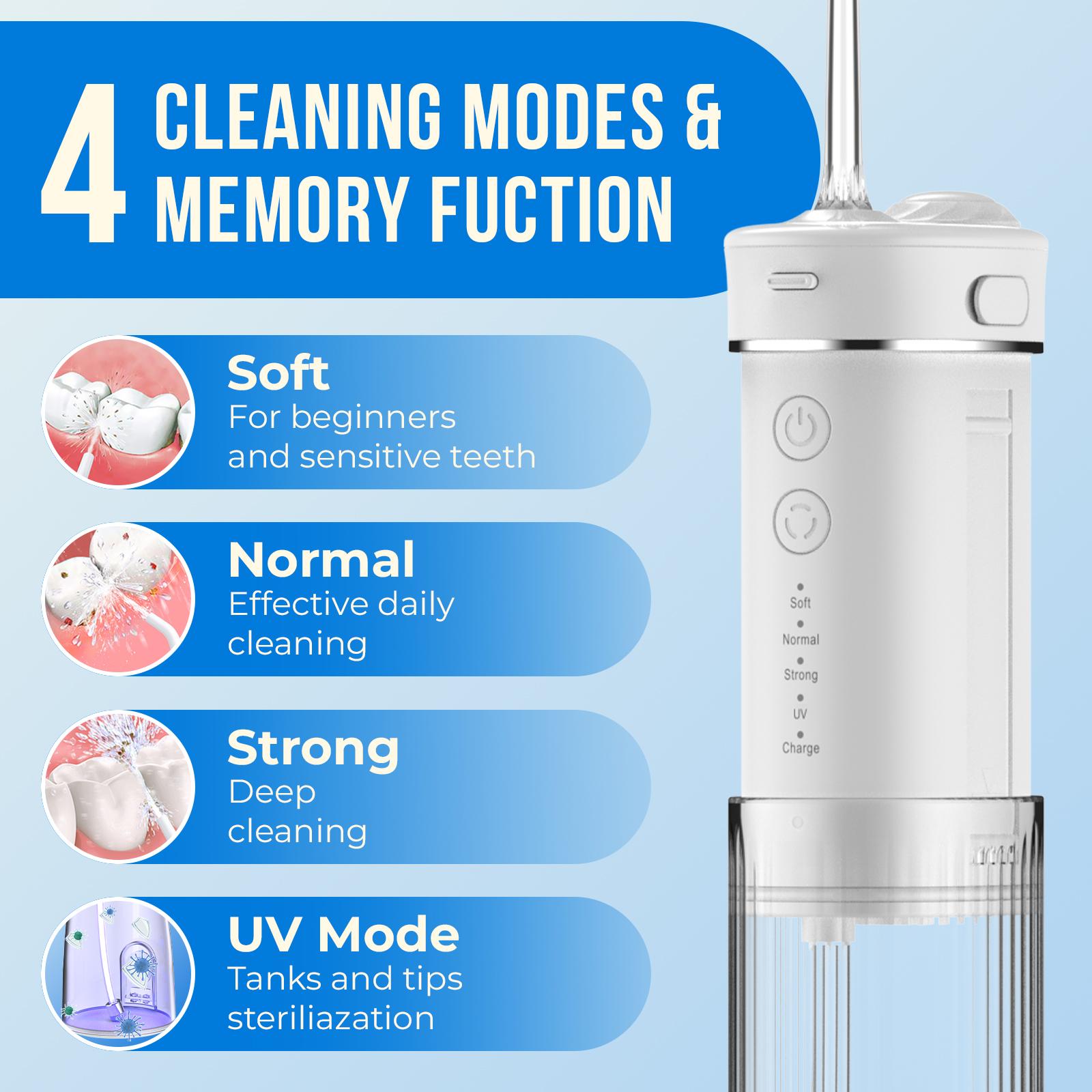 Cordless UV Water Flosser  Rechargeable Oral Irrigator 230 mL 4 Modes 4 Nozzles  Oral Care Kit  Deep Cleaning Suitable for Braces Wearers