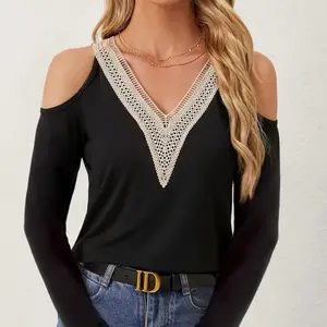 Elegant Black Cold Shoulder Top with Intricate Lace V-Neck Design for Women