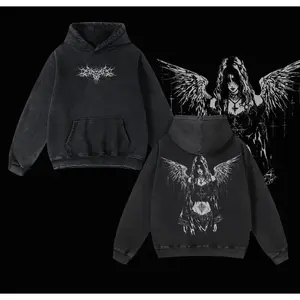Y2K Gothic Angel Washed Hoodie, Sad Angel Tshirt – Dark Aesthetic Streetwear, 2k Clothing,Menswear Oversized Tops, gym,Clothing,Clothes gothic y2k,Vintage Mens