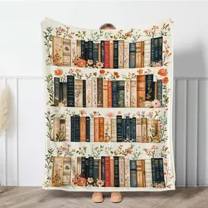 Floral Vintage Bookshelf Blanket  This Super Soft Flannel Blanket is The Perfect Gift for Christmas and lovers Soft Warm Cozy Throw for Bed Sofa Nap Travel, Cute Home Decor