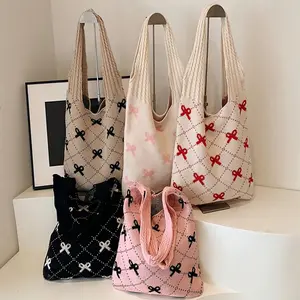 Premium Crochet Tote Bag - Y2k Bow Handbags Knitted Bags, Bag Bohemian Style Shoulder Bags, Large Aesthetic Hobo Bag for Women Girls, Large Everything Tote Bag, Beautiful Beach Bags TrendyHigh Quality Everyday Shoulder