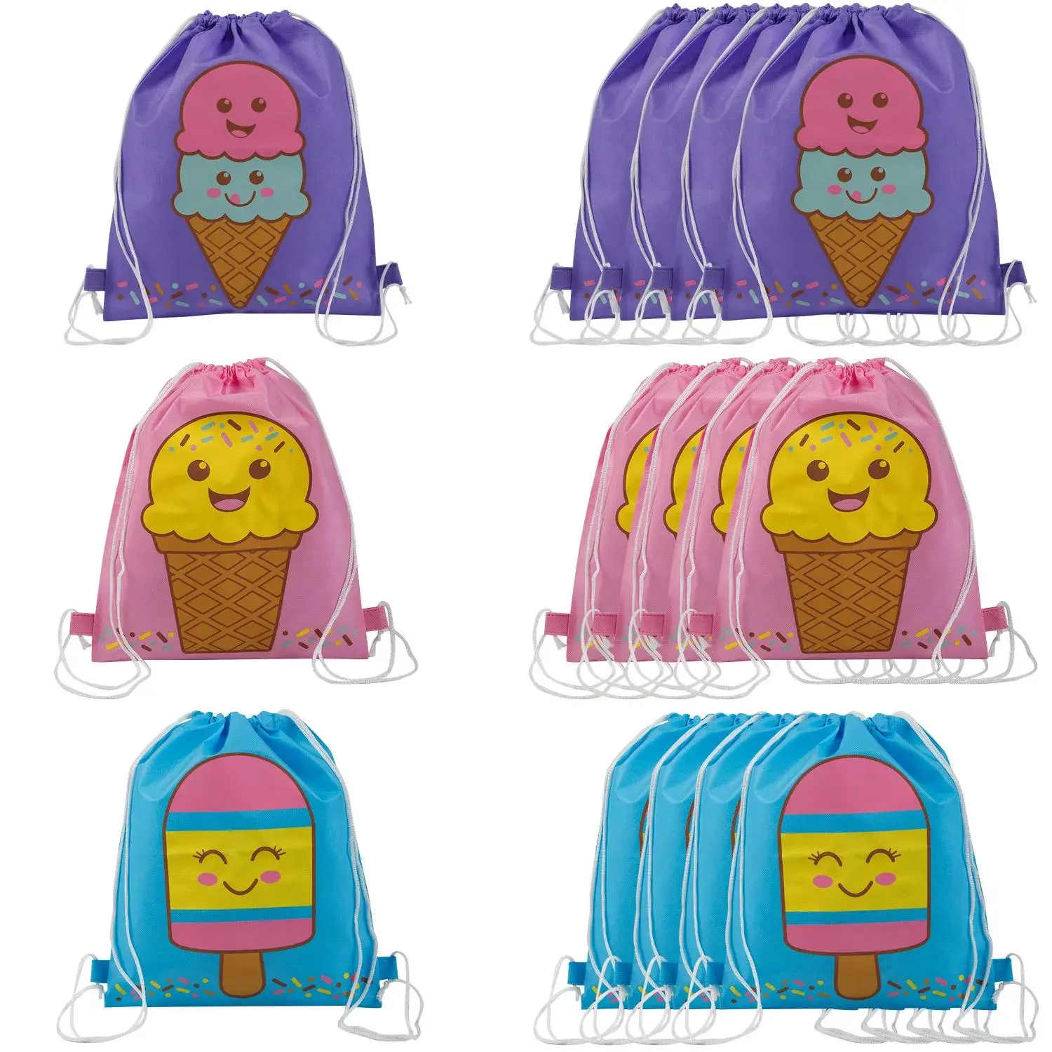 Colorful Lightweight Nonwoven Ice Cream Drawstring Bags - 12" x 15" Medium, 12 Pc, Ideal for Gifts, Birthday, Party Events