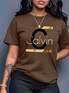 Calvin Women's Casual Short Sleeve Round Neck T-Shirt - Bold CALVIN Pattern Print and Gold Letter Geometric Pattern, Olive Green, Machine Washable Spring Summer Top, Smooth Fabric, Valentine's Day, Everyday Versatile, Fashion Design