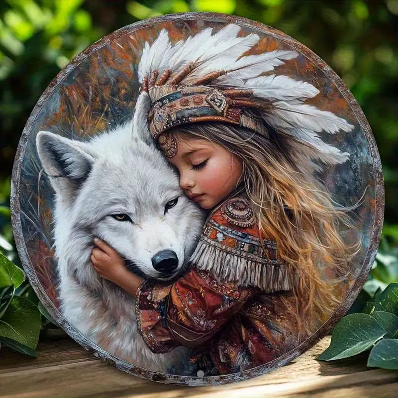 Vintage Round Metal Tin Sign Native American Little Girl With Feather Headdress Hug White Wolf Wildlife Art Circular Distressed Metal Wall Plaque Indoor Cabin Farmhouse Bedroom Living Room Wall Decor Gift For Wildlife Wolf Lovers Native Art Enthusiasts