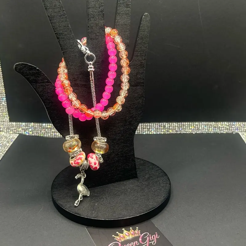 Snake Bracelet Pink Flamingo Charm, 2-Piece Bracelet Set