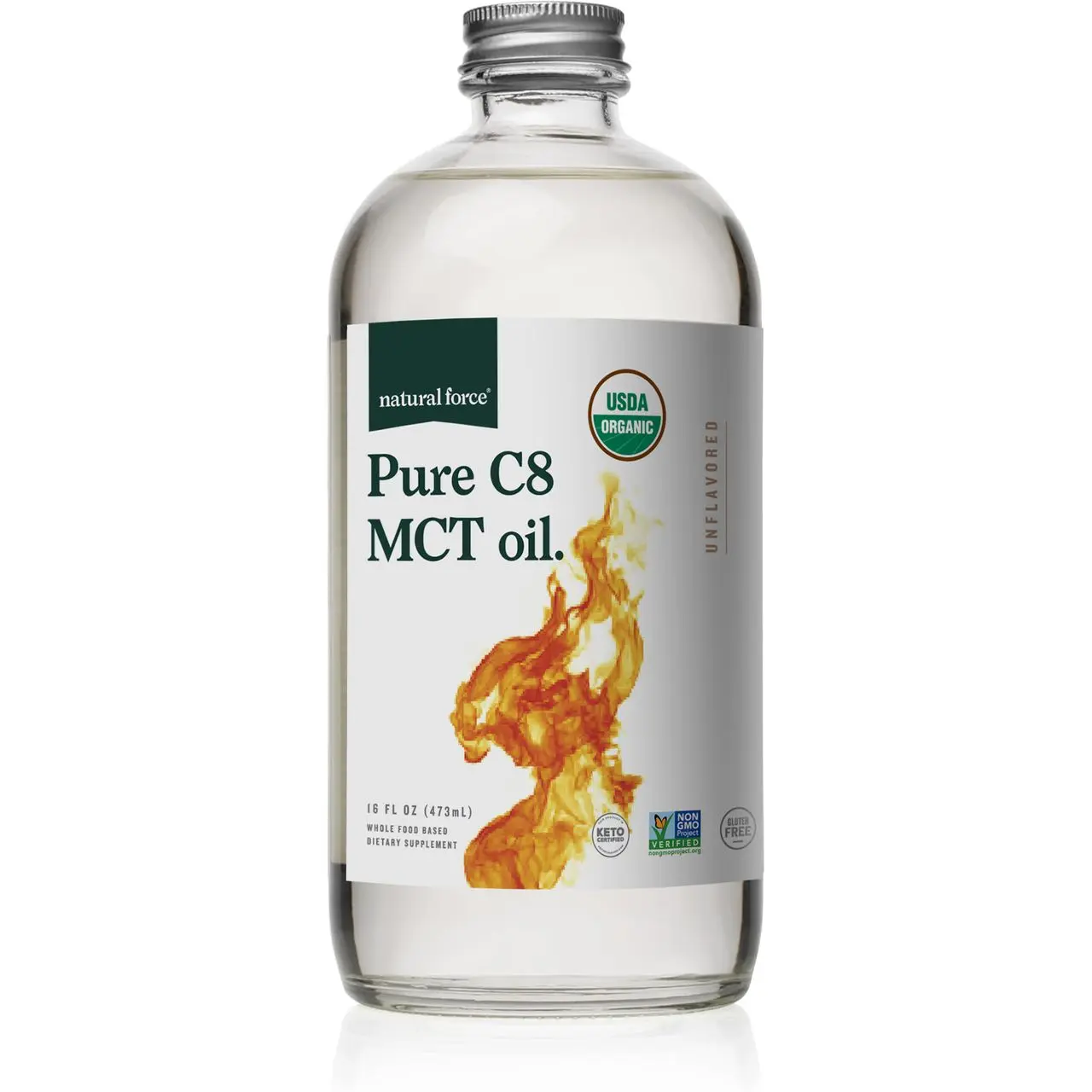 Natural Force Organic Pure C8 MCT Oil - 16 oz Liquid MCT Oil in Glass Bottle, Concentrated Caprylic Acid, Keto/Paleo Friendly, Kosher, Vegan, Non-GMO, Lab Tested for Quality & Purity