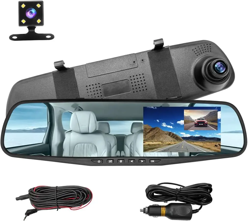 Mirror Dash Cam for Car, ."Backup Smart Rearview Mirror Camera, Waterproof HD P Front and Rear Wide Angle, Support Dual Cameras, Night Vision, Parking Assistance & Loop Record