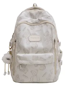 Bear Print Backpack with Fuzzy Ball Charm, Large Capacity School Bag for Students, Versatile Travel Shoulder Bag