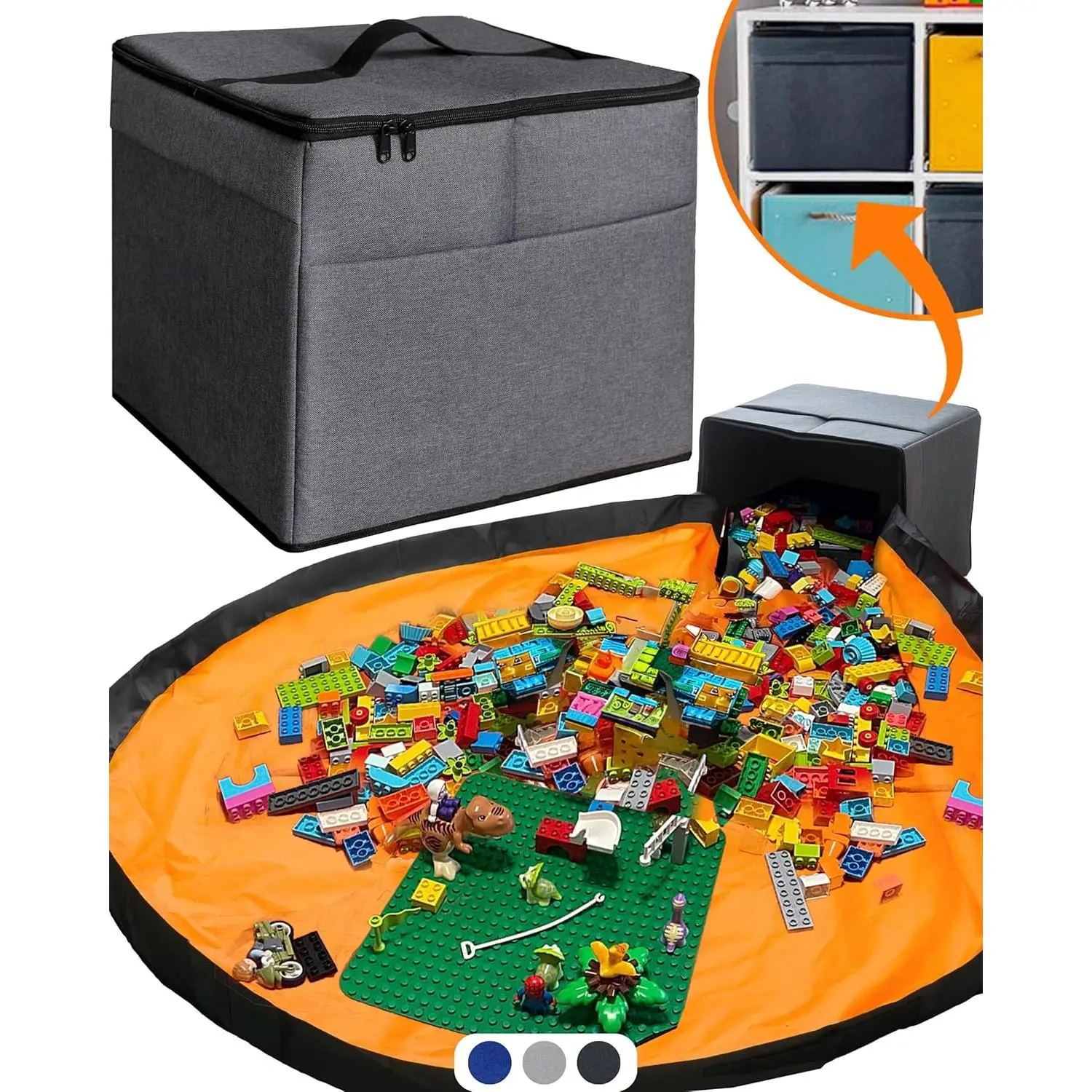 XL Collapsible Fabric Toy Storage Organizer Containers with Play Mat - 13"x13"x15" Cube Bin for Kids - Ideal for Nursery, Playroom, Building Bricks/Blocks