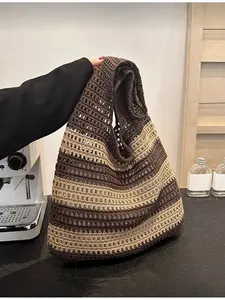 2026 New Handmade Crochet Women's Woven Tote Bag Retro Striped Strap Large Capacity Beach Vacation Must-Have Summer Eye-Catching Handbag Handcrafted Bag