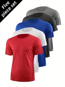 Men's 5 Pack Set Multicolor Short Sleeve T-Shirts, Quick-Dry Breathable Comfort Fit, Casual Summer Daily Wear, Versatile Layering Pieces