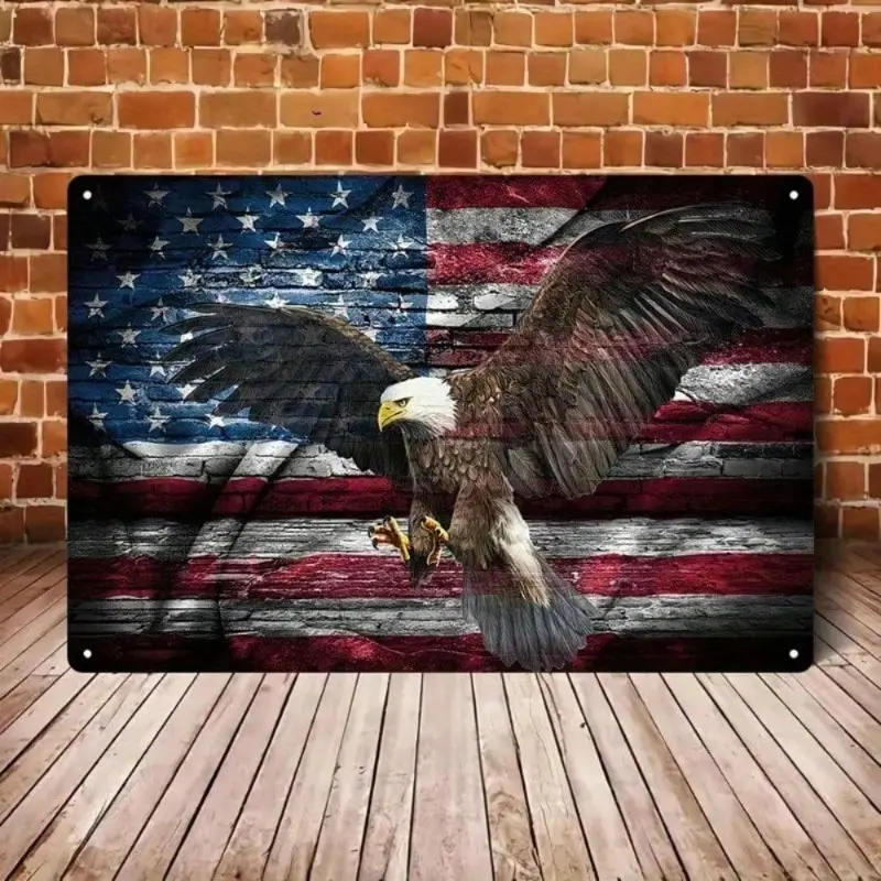 Aluminum Vintage Artistic Wall Art 8x12 Inch Rustic Animal Design Bald Eagle & American Flag Hanging Decor Durable High-Quality American Patriotic Metal Sign