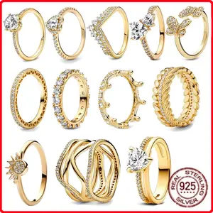 Gold-tone Series 925 Sterling Silver Elegant Classic Heart-shaped Crown Ring Luxurious Charm Jewelry Holiday Presen