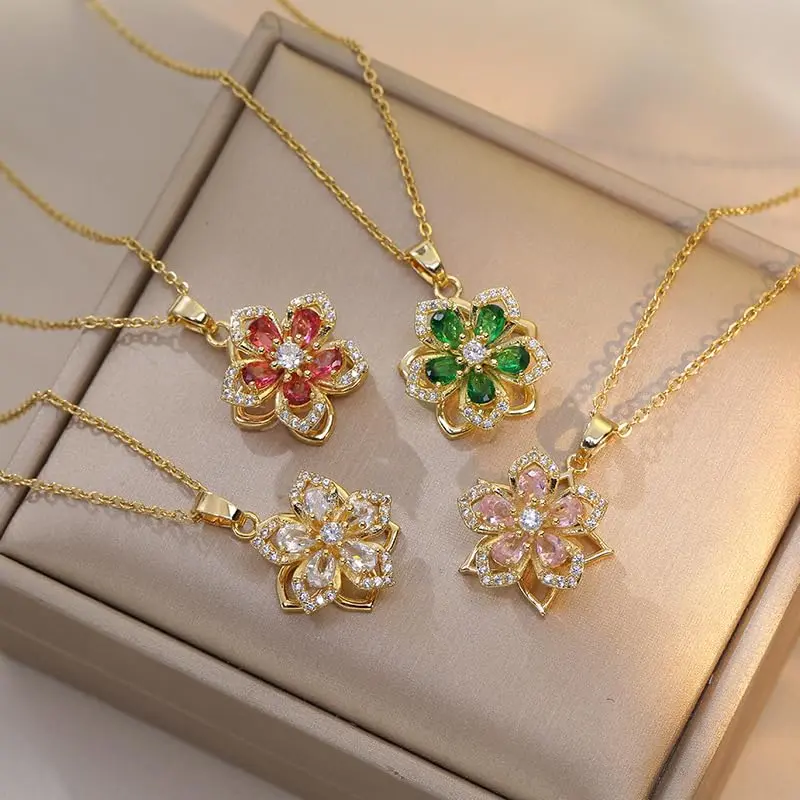 Relaxing Stress Rotating Five petal Flower Pendant Necklace, Soothing Restlessness Necklace, Rotating Crystal Flower Necklace, 18K Gold Plated Titanium Steel Spinning Bauhinia Pendant Necklace, Flexible and Rotatable Jewelry Necklace