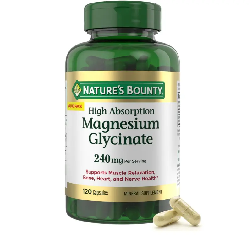 Nature’s Bounty High Absorption Magnesium Glycinate 240 mg for Supporting Muscle Relaxation and Bone, Heart & Nerve Health – Non-GMO, Gluten-Free, Vegetarian, 120 Count/60 Servings