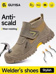 Men's Guyisa Safety Shoes Fireproof Welding Boots, Velcro Easy Wear Soft Durable Rubber Sole, Casual Work Fashion Protection Shoes, Leather Work Boots, Fashionable Work Shoes
