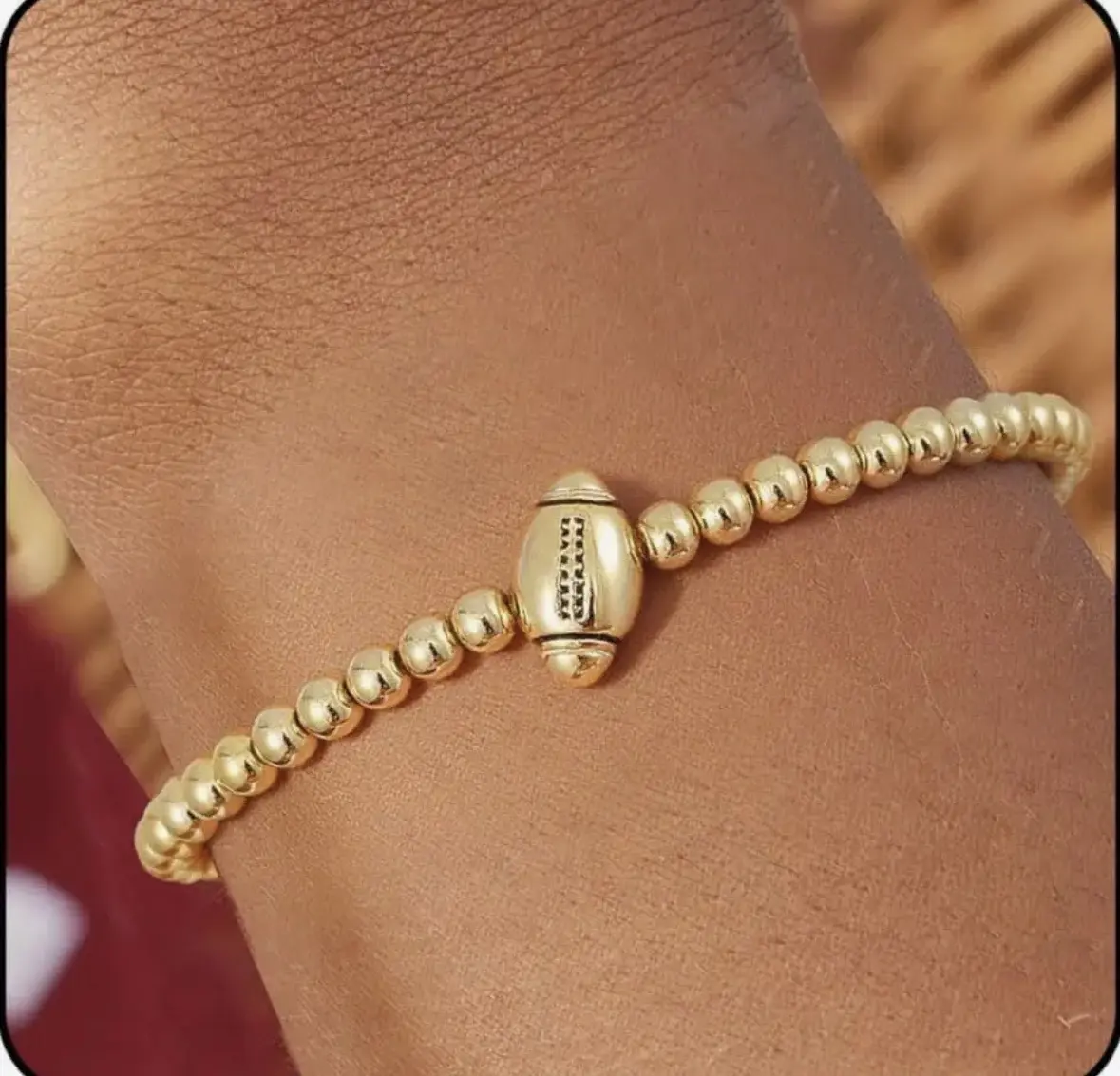 Gold-Plated Football Beaded Stretch Bracelet, Sporty Motif Stackable Game Day Accessory, Unisex Standard Size, Sporty Look Casual Fashion Costume Jewelry for Fans