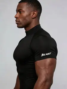 Men’s Slim Fit High Neck Workout T-Shirt with “BEAST” Cuff Print, Short Sleeve Compression Training Top, High Stretch Polyester Blend, Ideal for High-Intensity Workouts, Strength Training, Streetwear & Casual Summer Activewear