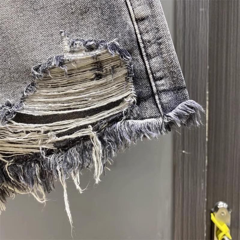 Worn Legs with Rough Edges Washed Black Denim Shorts