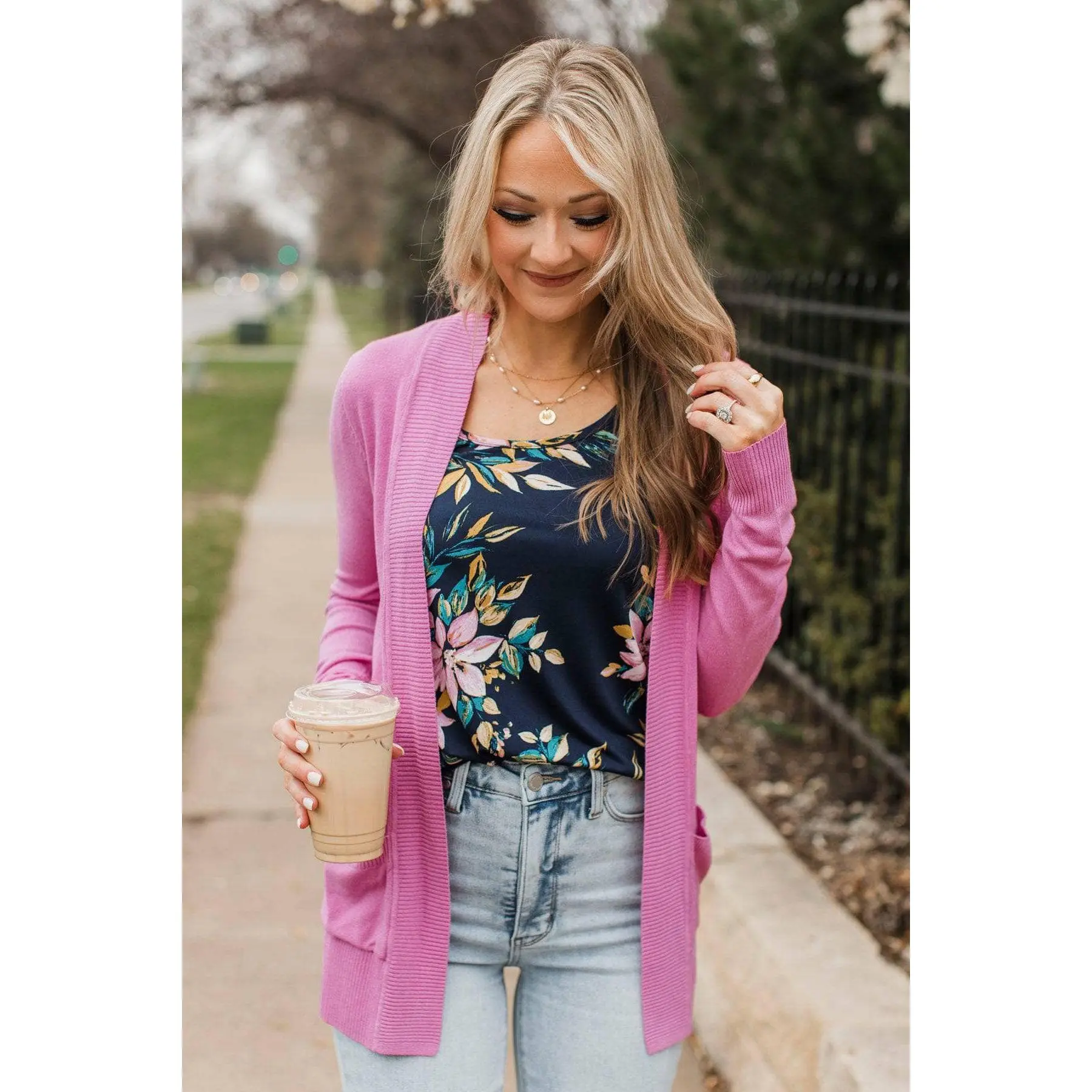 Women's Open Front Knit Cardigan Top - Lightweight Viscose-Nylon Blend Fabric, Orchid Color, Pockets, Ribbed Hems, Stylish Fit, Casual Basic Knitwear, Cold Wash Compatible