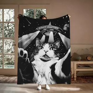 Lightweight Space Cat Flannel Blanket, Breathable Soft Galaxy Cat Throw, All Season Home Decor, Great Gift for Cat Owners & Sci-Fi Enthusiasts