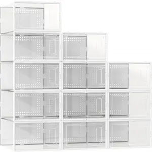 12 Pack Large Shoe Organizer Storage Boxes for Closet, Modular Space Saving Shoe Boxes Clear Plastic Stackable Sneaker Containers Display Case with Lids, White