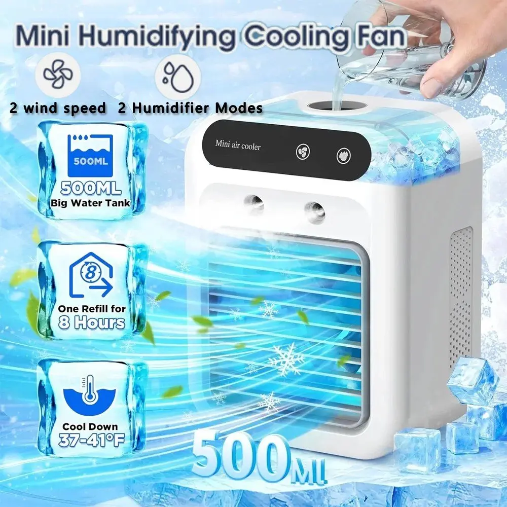 【SUMMER SALE】 L8 Portable Air Cooler Fan with Mist, 1800mAh Rechargeable & USB Plug-in, 2 Speeds 2 Mist Modes, 500ml Tank <36dB Quiet Mini Fan for Desk & Office Use,dorm essentials,home essentials
