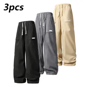 Men's Corduroy Joggers 3 Pack - 100% Polyester, Brushed Fleece Lined Windproof Warm Pants with Drawstring Waistband & Multiple Pockets, Retro Loose Casual Straight Leg Pants, Men's Athletic Pants Perfect for Running, Hiking, Walking, & Everyday Workwear