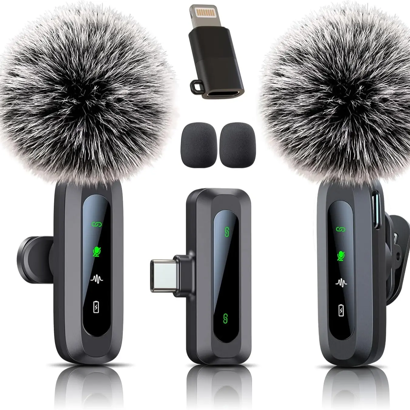 Wireless Mini Lavalier Microphone with Noise Reduction - 14h Battery, Rechargeable Portable USB-C Lapel Mic Plug & Play Kit with Lightning/USB-C Adapter, 65ft Range, 7h Fast Charge, Bluetooth Free, for Smartphone, iPhone/iPad, Android Audio Recording