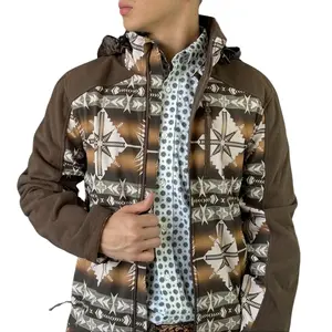 Men's Dark Brown Aztec Printed Softshell Jacket, Denim-Inspired Cowboy Tops-Coats-Shirts Style, PRM029RZY6