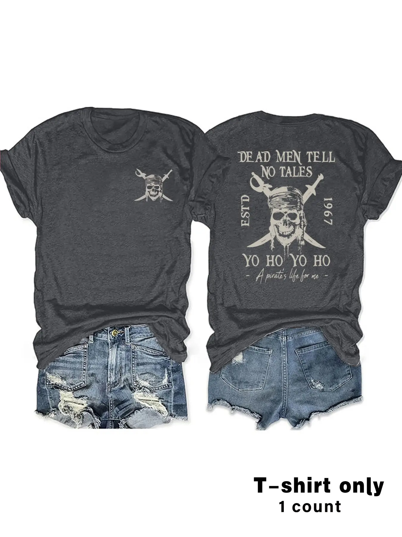 Vintage 90s Pirate T-Shirt, Retro Dead Men Tell No Tales Graphic Print, Casual Streetwear Fitted Short Sleeve Top, Comfortable Lightweight Summer Clothing for Women