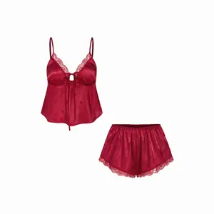 Cider Burgundy Satin Lace 2-Piece Pajama Set - Deep V Camisole Top & Shorts Sleepwear for Women