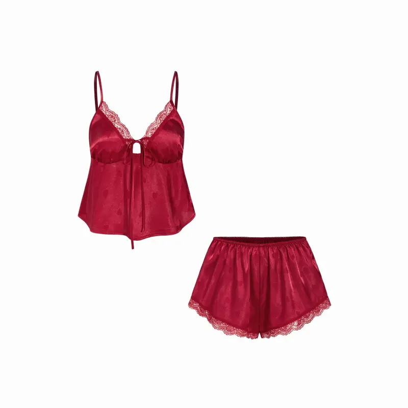 Cider Burgundy Satin Lace 2-Piece Pajama Set - Deep V Camisole Top & Shorts Sleepwear for Women