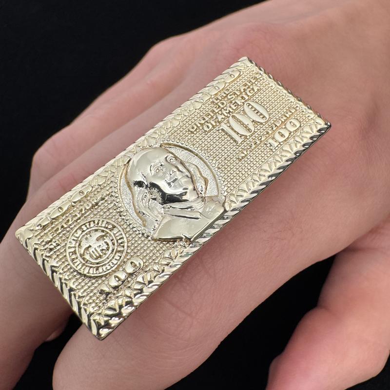 2 Finger Rings 100 Dollar Ring Nugget Double Ring 14k Plated Double-Finger Ring Men's Hip-Hop Fashion