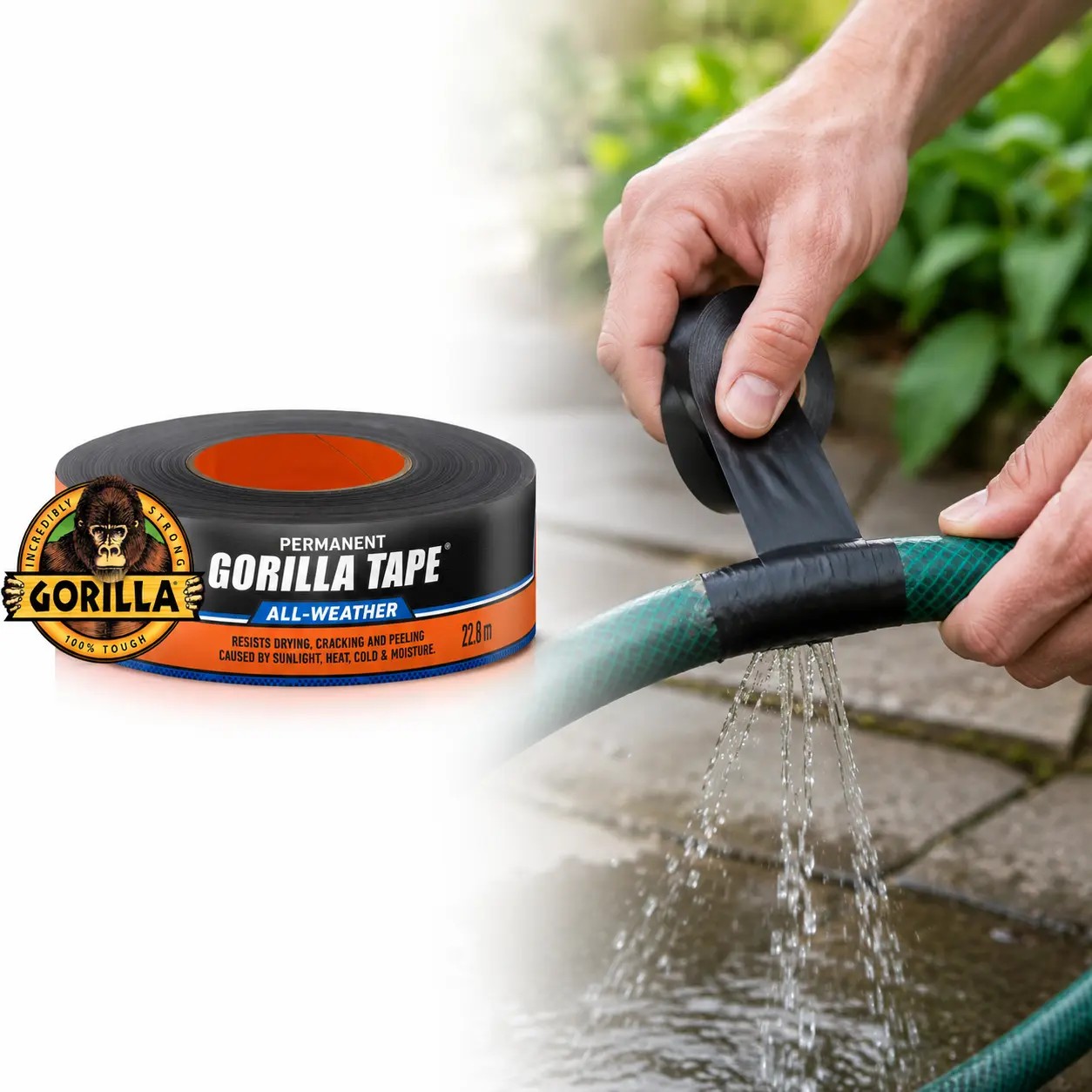 Gorilla 25 yds All Weather Tape,waterproof,permanent butyl adhesive,weather-resistant shell,hot cold temps,sunlight,moisture,drying,cracking,peeling,tarps,plastic sheeting,roofs,vents,RV repairs,automotive,wood,stone,stucco,brick,metal,vinyl,plastic,UV,PP