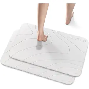 2 Pack Diatomaceous Earth Shower Mat, Stone Bath Mat, Nonslip Absorbent Fast-Drying Hard Bath Mat for Shower, 24 x 16 inch, White Wave