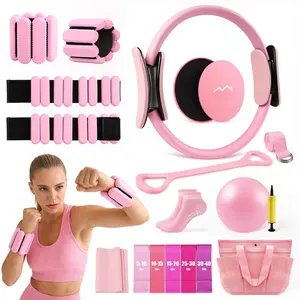 16 count Pilates Kit,  Pilates Workout Kit with Ankle Weights, Pilates Ring and Ball Set for Women, Pilates Equipment with Resistance Bands, Core Sliders & Socks for Starter  Workouts