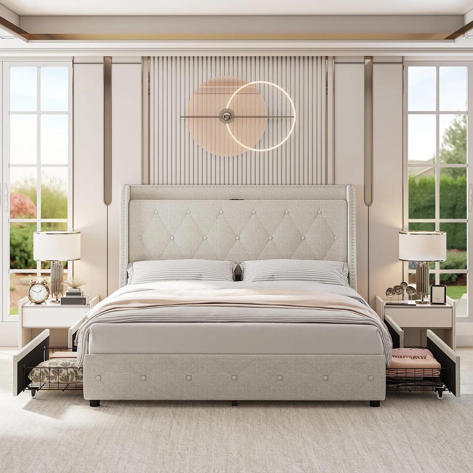 Upholstered Full/Queen Wingback Bed Frame with Tufted Headboard, 4 Underneath Storage Drawers, Charging Station, Noise-Free Design & No Box Spring Needed, Full Size Bed with Storage Underneath, Upholstered Tufted Headboard