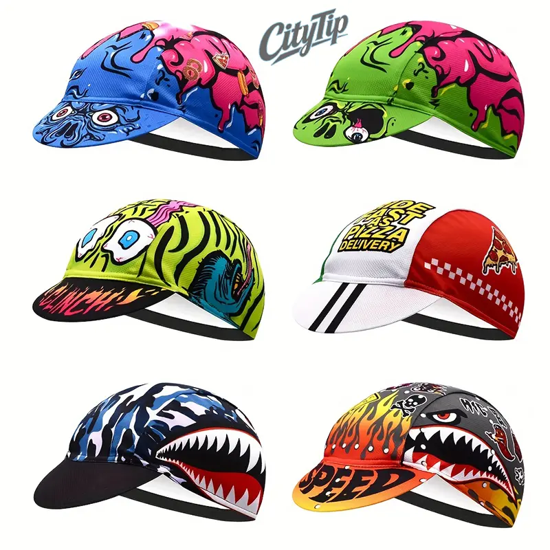 6 Styles Funny Graffiti Cycling Cap For Men Women, Skull Shark Pizza Print Polyester Bike Hat, Breathable Quick Dry Helmet Liner, One Size Fits All For Road Cycling Mountain Biking Daily Wear
