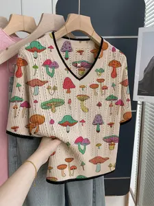 Women's Summer Casual Loose V-Neck Short Sleeve Knit Top, Casual Knit Tops, Mushroom Print, Retro Style, Office Wear, Elegant Knitted Shirt